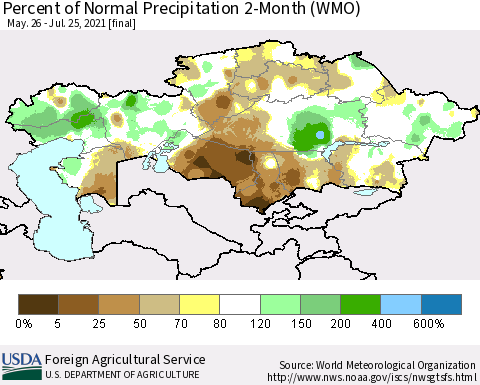 Kazakhstan Percent of Normal Precipitation 2-Month (WMO) Thematic Map For 5/26/2021 - 7/25/2021