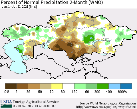Kazakhstan Percent of Normal Precipitation 2-Month (WMO) Thematic Map For 6/1/2021 - 7/31/2021