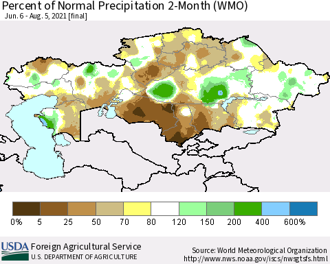 Kazakhstan Percent of Normal Precipitation 2-Month (WMO) Thematic Map For 6/6/2021 - 8/5/2021