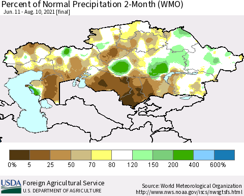 Kazakhstan Percent of Normal Precipitation 2-Month (WMO) Thematic Map For 6/11/2021 - 8/10/2021