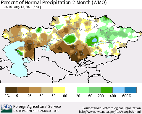 Kazakhstan Percent of Normal Precipitation 2-Month (WMO) Thematic Map For 6/16/2021 - 8/15/2021