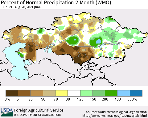 Kazakhstan Percent of Normal Precipitation 2-Month (WMO) Thematic Map For 6/21/2021 - 8/20/2021