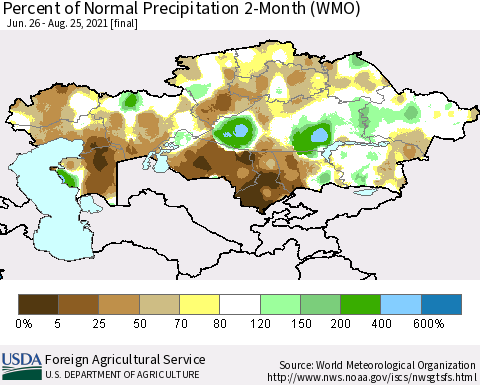 Kazakhstan Percent of Normal Precipitation 2-Month (WMO) Thematic Map For 6/26/2021 - 8/25/2021