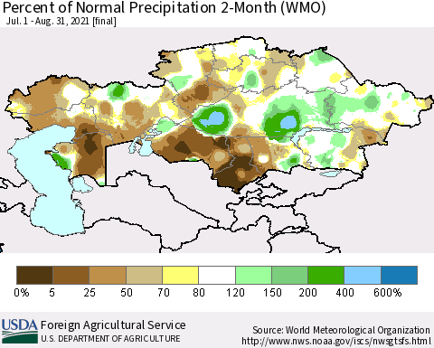 Kazakhstan Percent of Normal Precipitation 2-Month (WMO) Thematic Map For 7/1/2021 - 8/31/2021