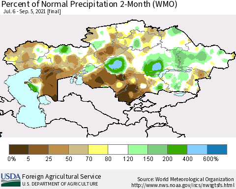 Kazakhstan Percent of Normal Precipitation 2-Month (WMO) Thematic Map For 7/6/2021 - 9/5/2021