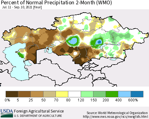 Kazakhstan Percent of Normal Precipitation 2-Month (WMO) Thematic Map For 7/11/2021 - 9/10/2021