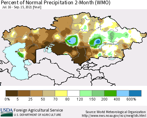 Kazakhstan Percent of Normal Precipitation 2-Month (WMO) Thematic Map For 7/16/2021 - 9/15/2021