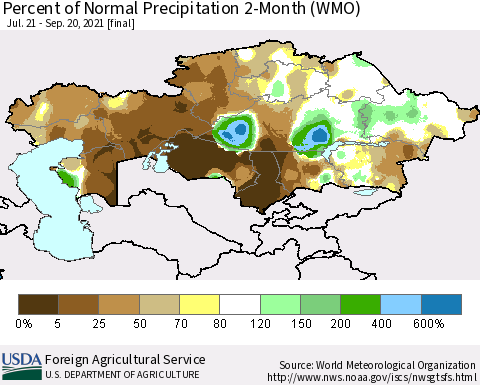 Kazakhstan Percent of Normal Precipitation 2-Month (WMO) Thematic Map For 7/21/2021 - 9/20/2021