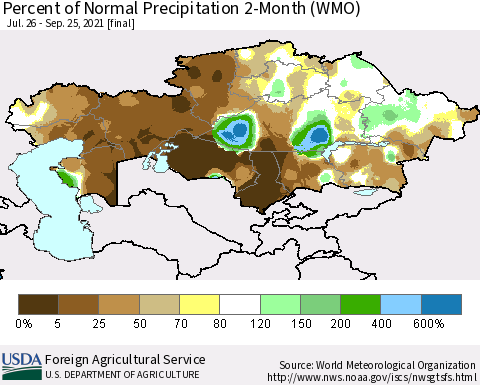 Kazakhstan Percent of Normal Precipitation 2-Month (WMO) Thematic Map For 7/26/2021 - 9/25/2021
