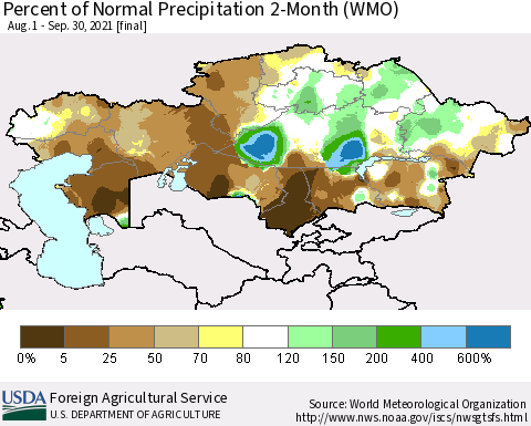 Kazakhstan Percent of Normal Precipitation 2-Month (WMO) Thematic Map For 8/1/2021 - 9/30/2021