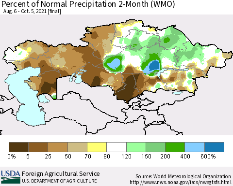 Kazakhstan Percent of Normal Precipitation 2-Month (WMO) Thematic Map For 8/6/2021 - 10/5/2021