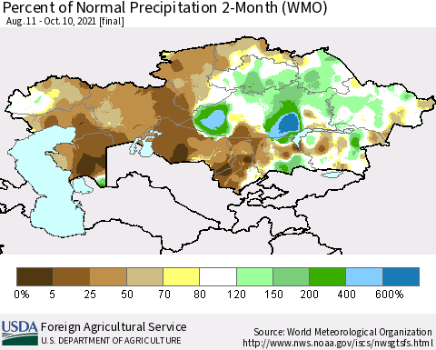 Kazakhstan Percent of Normal Precipitation 2-Month (WMO) Thematic Map For 8/11/2021 - 10/10/2021