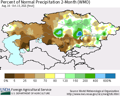 Kazakhstan Percent of Normal Precipitation 2-Month (WMO) Thematic Map For 8/16/2021 - 10/15/2021