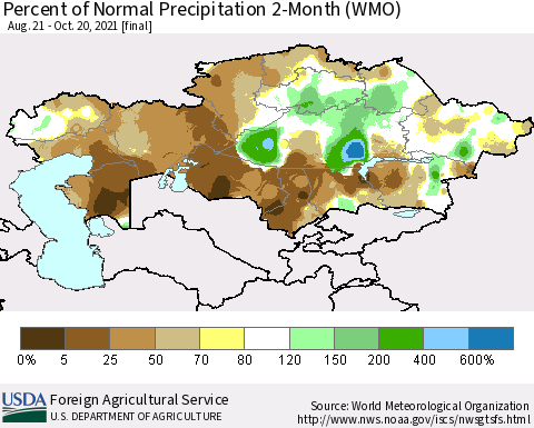 Kazakhstan Percent of Normal Precipitation 2-Month (WMO) Thematic Map For 8/21/2021 - 10/20/2021