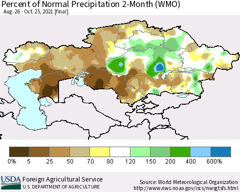 Kazakhstan Percent of Normal Precipitation 2-Month (WMO) Thematic Map For 8/26/2021 - 10/25/2021