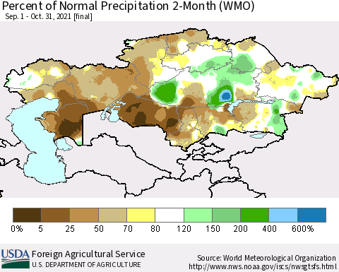 Kazakhstan Percent of Normal Precipitation 2-Month (WMO) Thematic Map For 9/1/2021 - 10/31/2021