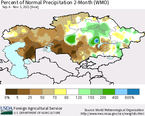 Kazakhstan Percent of Normal Precipitation 2-Month (WMO) Thematic Map For 9/6/2021 - 11/5/2021