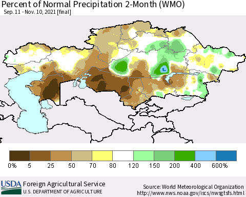 Kazakhstan Percent of Normal Precipitation 2-Month (WMO) Thematic Map For 9/11/2021 - 11/10/2021