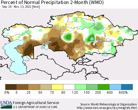 Kazakhstan Percent of Normal Precipitation 2-Month (WMO) Thematic Map For 9/16/2021 - 11/15/2021