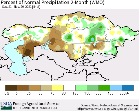 Kazakhstan Percent of Normal Precipitation 2-Month (WMO) Thematic Map For 9/21/2021 - 11/20/2021