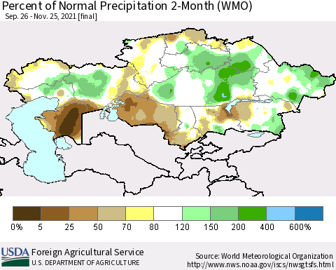 Kazakhstan Percent of Normal Precipitation 2-Month (WMO) Thematic Map For 9/26/2021 - 11/25/2021