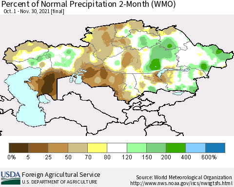 Kazakhstan Percent of Normal Precipitation 2-Month (WMO) Thematic Map For 10/1/2021 - 11/30/2021
