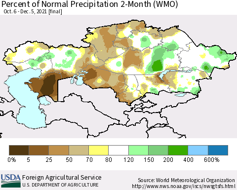 Kazakhstan Percent of Normal Precipitation 2-Month (WMO) Thematic Map For 10/6/2021 - 12/5/2021