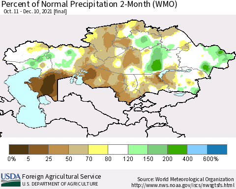 Kazakhstan Percent of Normal Precipitation 2-Month (WMO) Thematic Map For 10/11/2021 - 12/10/2021