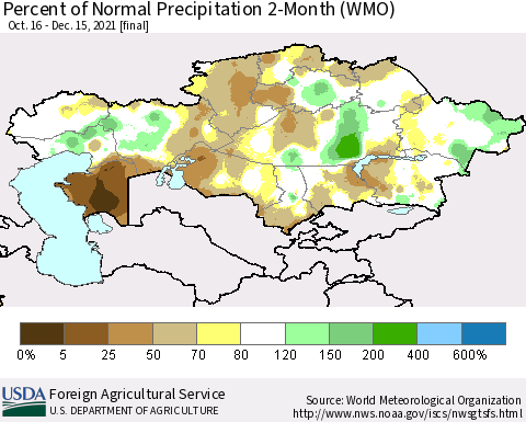 Kazakhstan Percent of Normal Precipitation 2-Month (WMO) Thematic Map For 10/16/2021 - 12/15/2021