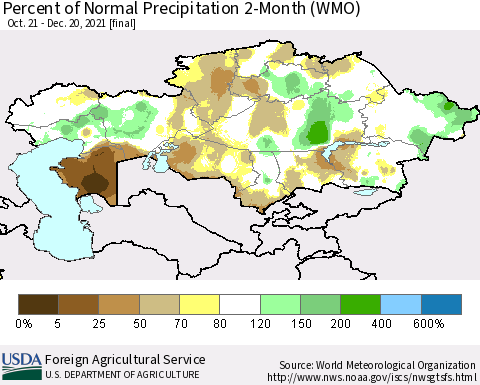 Kazakhstan Percent of Normal Precipitation 2-Month (WMO) Thematic Map For 10/21/2021 - 12/20/2021