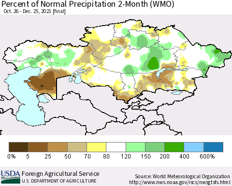 Kazakhstan Percent of Normal Precipitation 2-Month (WMO) Thematic Map For 10/26/2021 - 12/25/2021