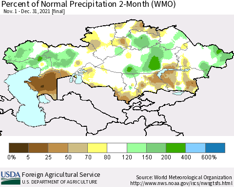 Kazakhstan Percent of Normal Precipitation 2-Month (WMO) Thematic Map For 11/1/2021 - 12/31/2021