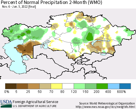 Kazakhstan Percent of Normal Precipitation 2-Month (WMO) Thematic Map For 11/6/2021 - 1/5/2022