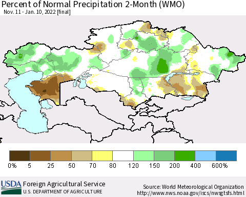 Kazakhstan Percent of Normal Precipitation 2-Month (WMO) Thematic Map For 11/11/2021 - 1/10/2022