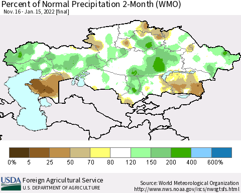 Kazakhstan Percent of Normal Precipitation 2-Month (WMO) Thematic Map For 11/16/2021 - 1/15/2022