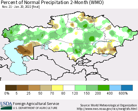 Kazakhstan Percent of Normal Precipitation 2-Month (WMO) Thematic Map For 11/21/2021 - 1/20/2022