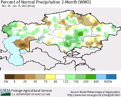 Kazakhstan Percent of Normal Precipitation 2-Month (WMO) Thematic Map For 11/26/2021 - 1/25/2022