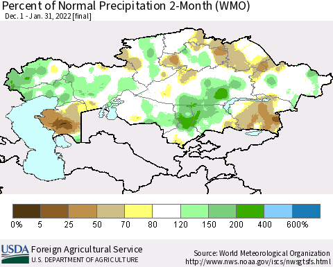 Kazakhstan Percent of Normal Precipitation 2-Month (WMO) Thematic Map For 12/1/2021 - 1/31/2022