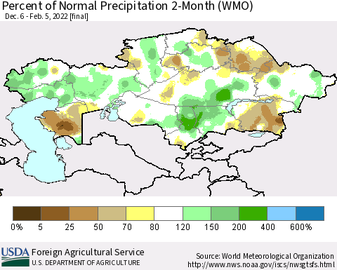 Kazakhstan Percent of Normal Precipitation 2-Month (WMO) Thematic Map For 12/6/2021 - 2/5/2022