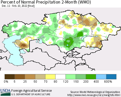 Kazakhstan Percent of Normal Precipitation 2-Month (WMO) Thematic Map For 12/11/2021 - 2/10/2022