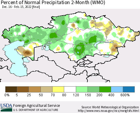Kazakhstan Percent of Normal Precipitation 2-Month (WMO) Thematic Map For 12/16/2021 - 2/15/2022