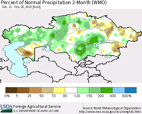 Kazakhstan Percent of Normal Precipitation 2-Month (WMO) Thematic Map For 12/21/2021 - 2/20/2022