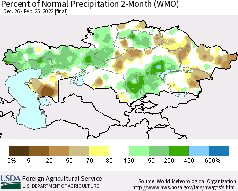 Kazakhstan Percent of Normal Precipitation 2-Month (WMO) Thematic Map For 12/26/2021 - 2/25/2022