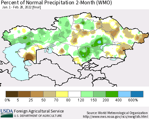 Kazakhstan Percent of Normal Precipitation 2-Month (WMO) Thematic Map For 1/1/2022 - 2/28/2022