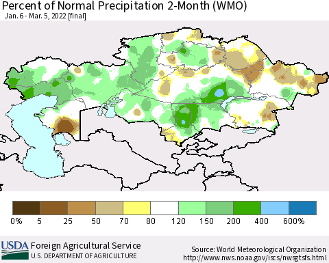 Kazakhstan Percent of Normal Precipitation 2-Month (WMO) Thematic Map For 1/6/2022 - 3/5/2022