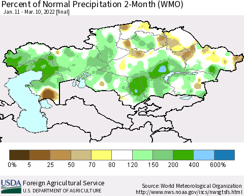 Kazakhstan Percent of Normal Precipitation 2-Month (WMO) Thematic Map For 1/11/2022 - 3/10/2022