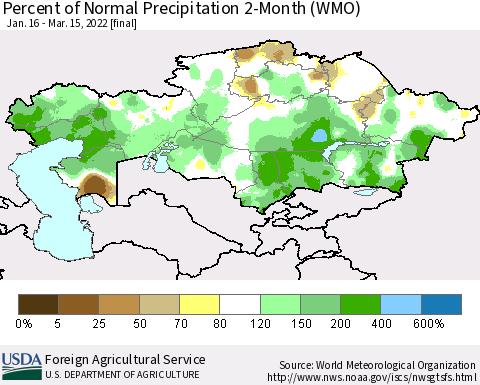 Kazakhstan Percent of Normal Precipitation 2-Month (WMO) Thematic Map For 1/16/2022 - 3/15/2022