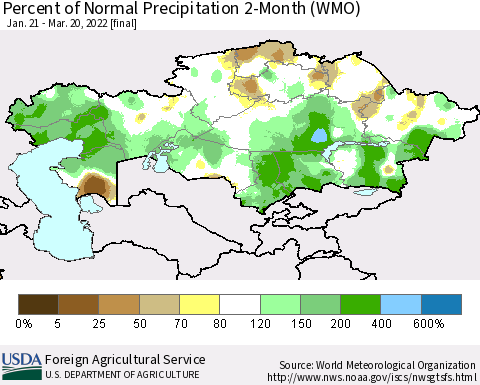 Kazakhstan Percent of Normal Precipitation 2-Month (WMO) Thematic Map For 1/21/2022 - 3/20/2022