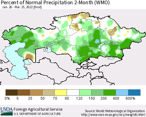 Kazakhstan Percent of Normal Precipitation 2-Month (WMO) Thematic Map For 1/26/2022 - 3/25/2022