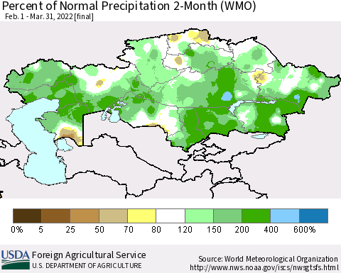 Kazakhstan Percent of Normal Precipitation 2-Month (WMO) Thematic Map For 2/1/2022 - 3/31/2022
